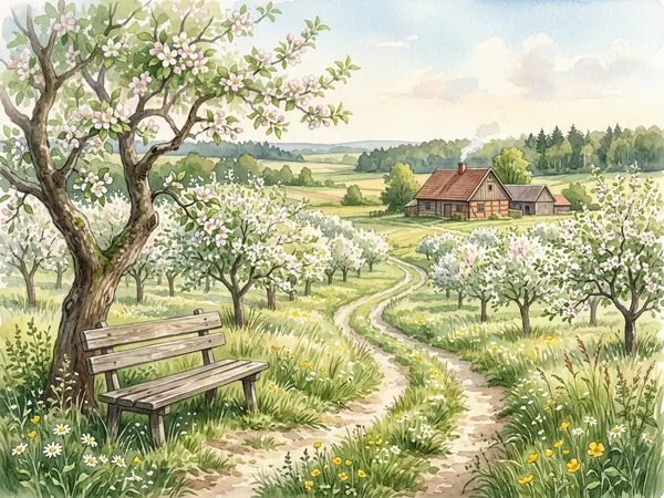 Illustration of a Polish senior care home with orchard view